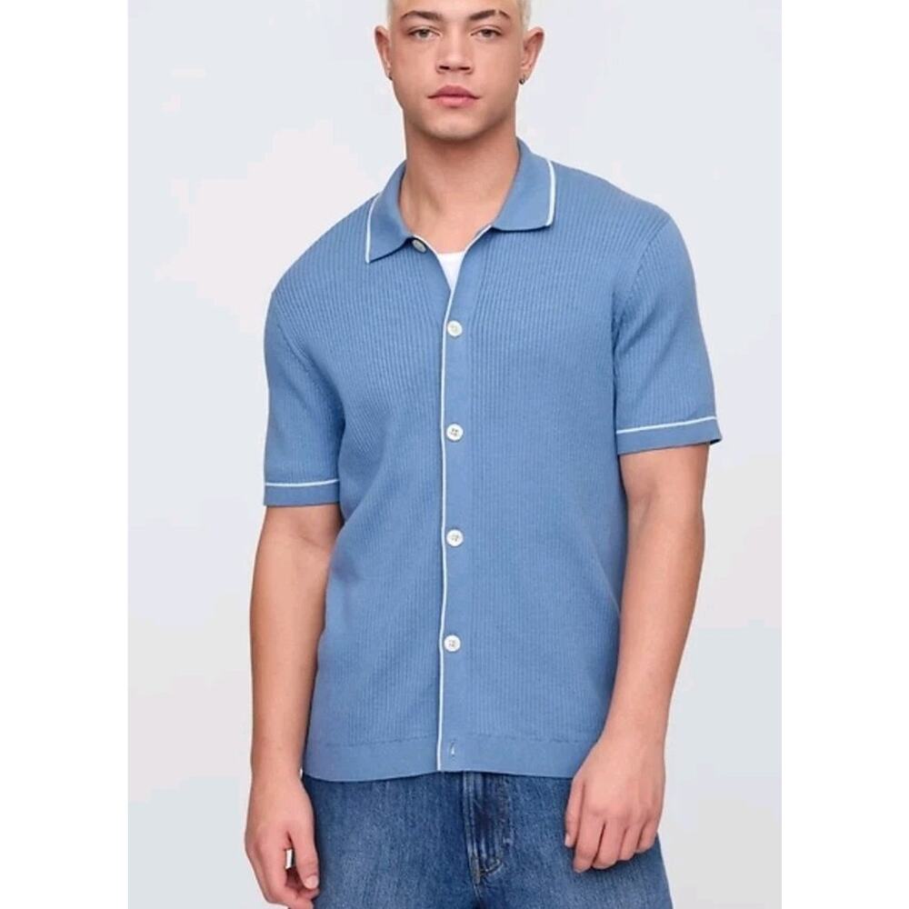 Gap‎ Mens Medium RIBBED BUTTON FRONT POLO SHIRT Blue Knit Cotton